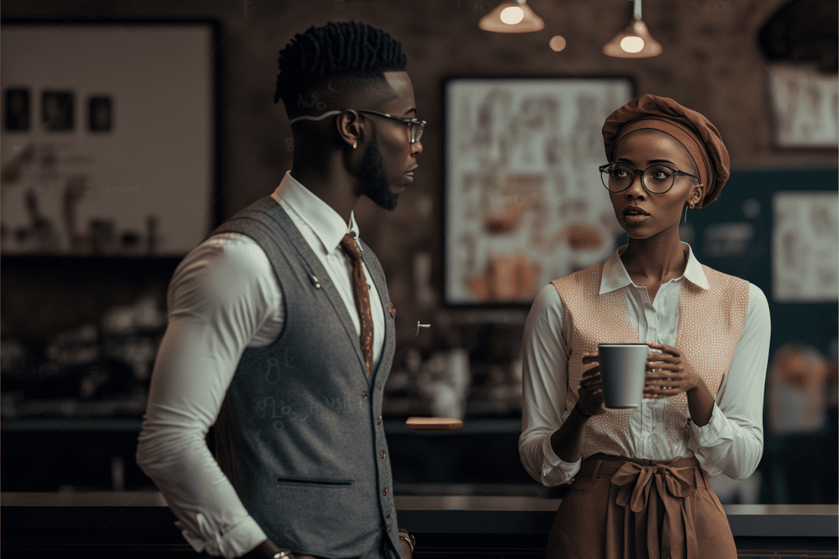 professional man and woman talking in a café