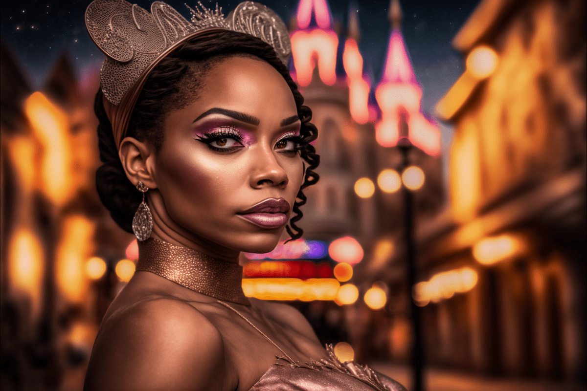 woman in a princess dress and crown at Disney theme park