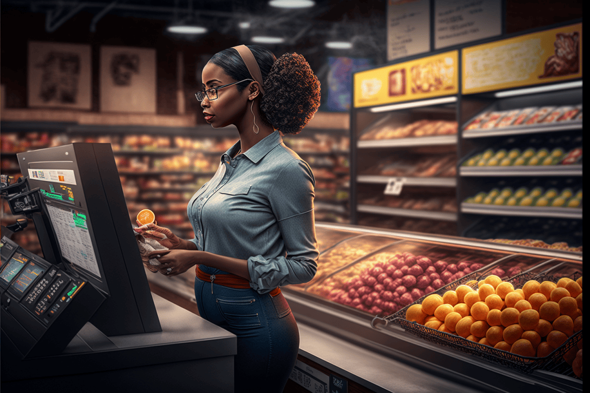 cashier ringing up products in a grocery store