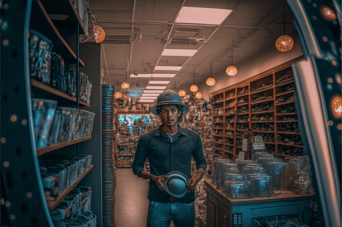 Man in a hard hat in a hardware store