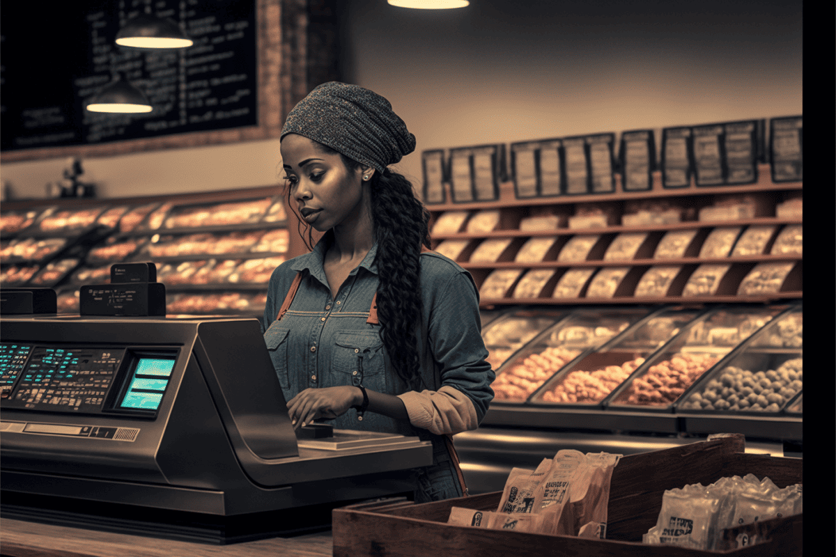 woman working as a cashier at a grocery store