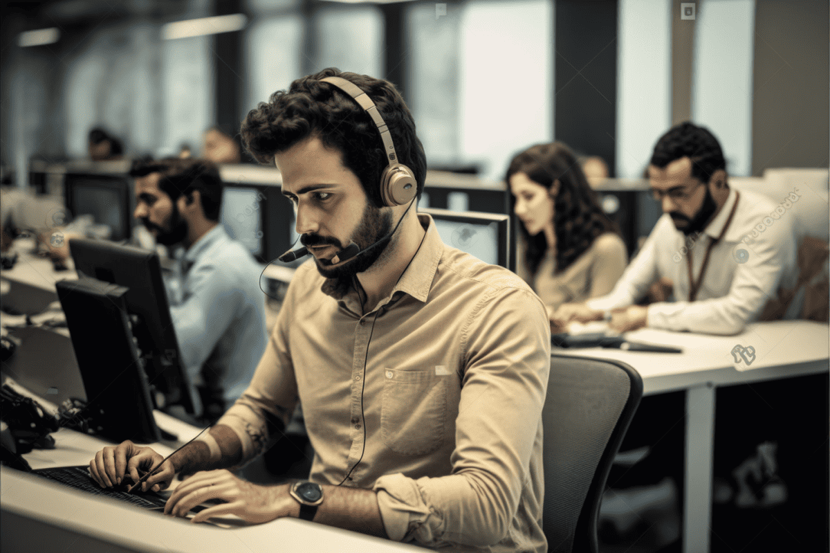 a man with headphones on working at a call center