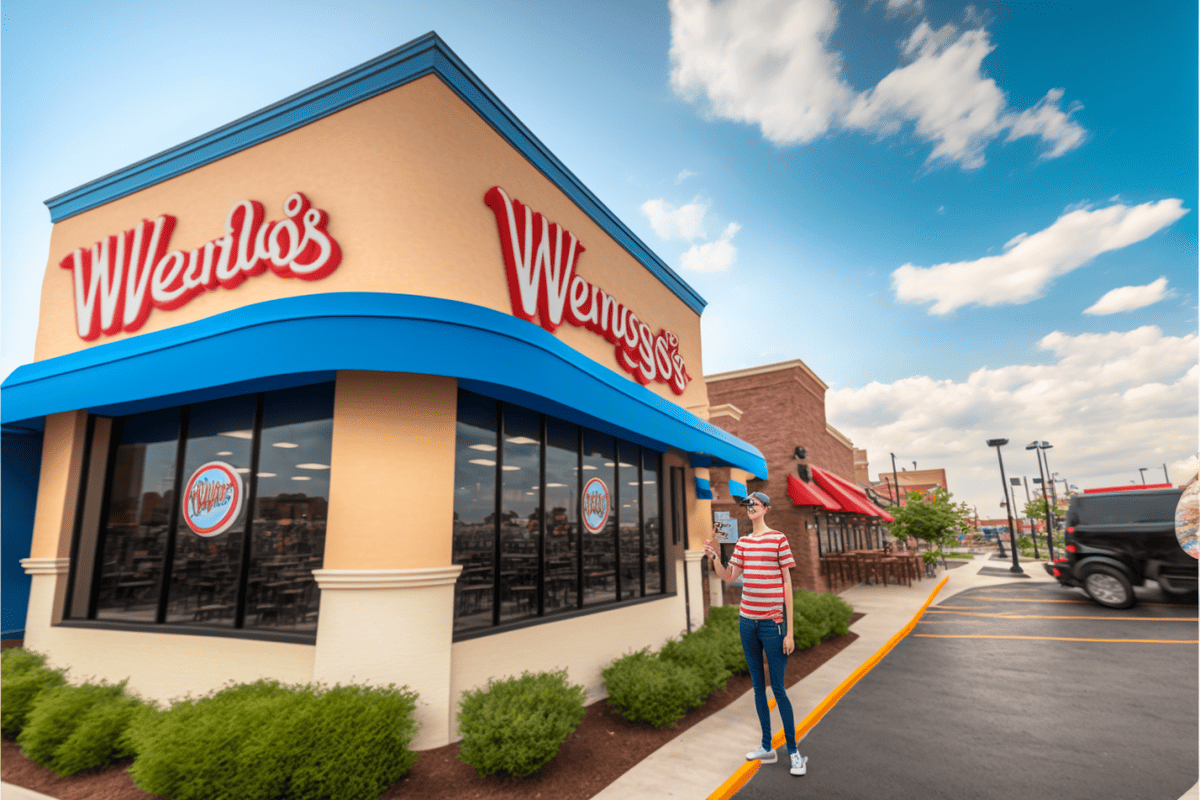 person standing outside Wendy's restaurant