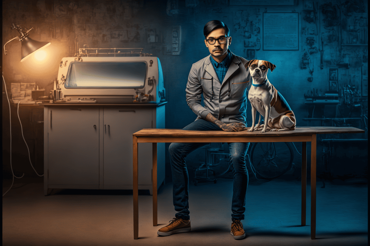 A vet sitting at a desk with a dog on the table