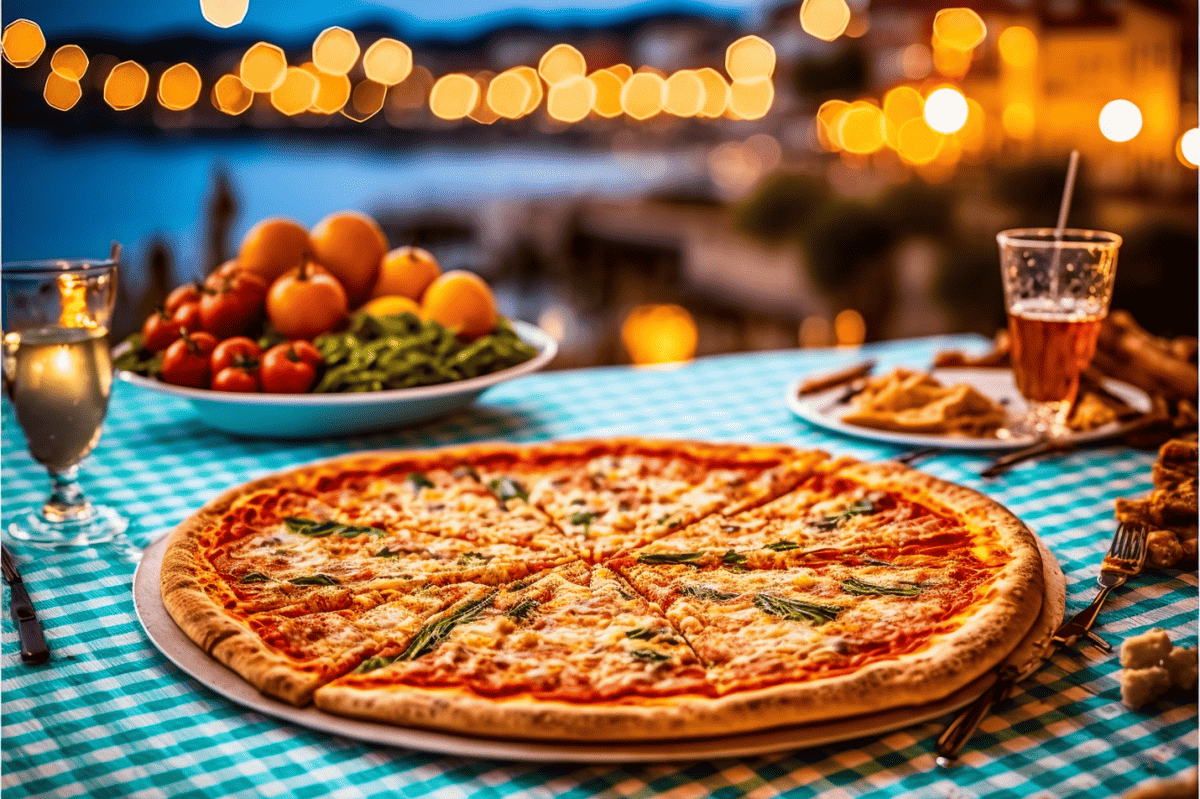 Pizza sitting on a dinner table