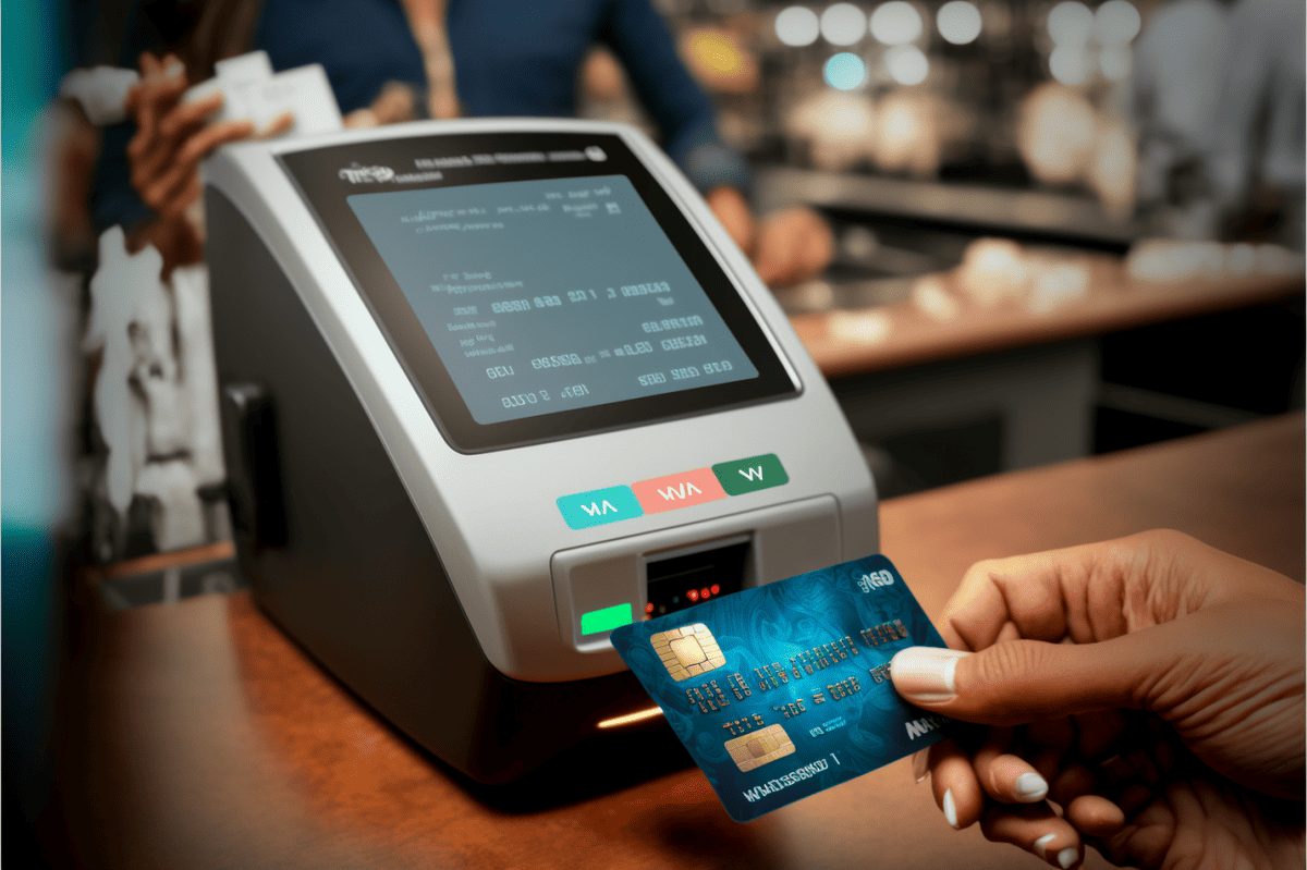 Person swiping a card at a pay terminal