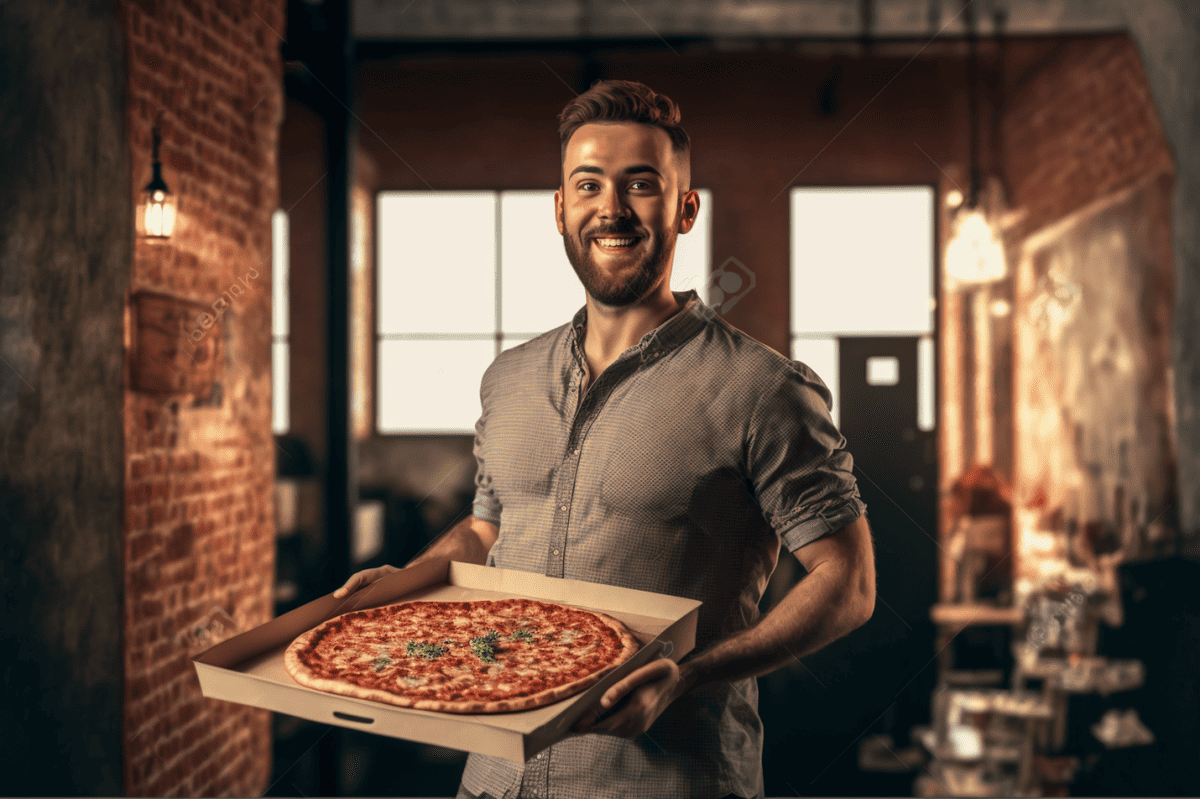 Smiling server holding a pizza