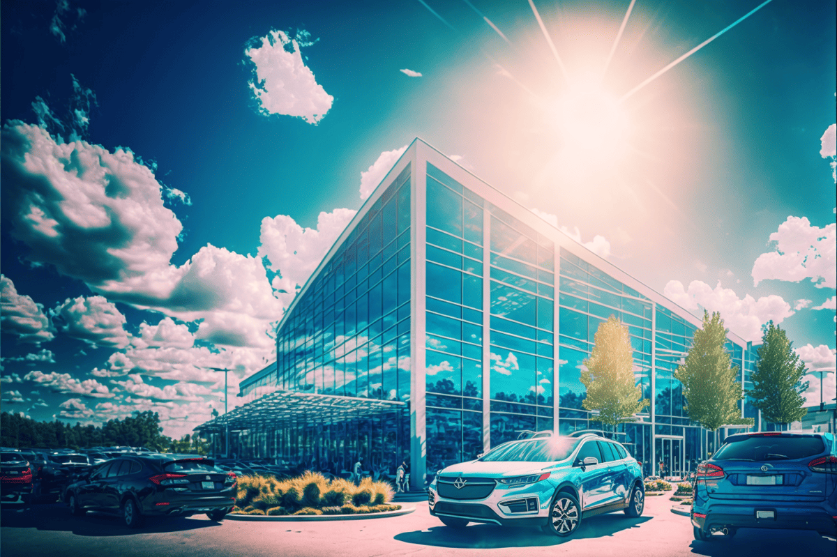 Sunny car dealership with a vehicle outside it