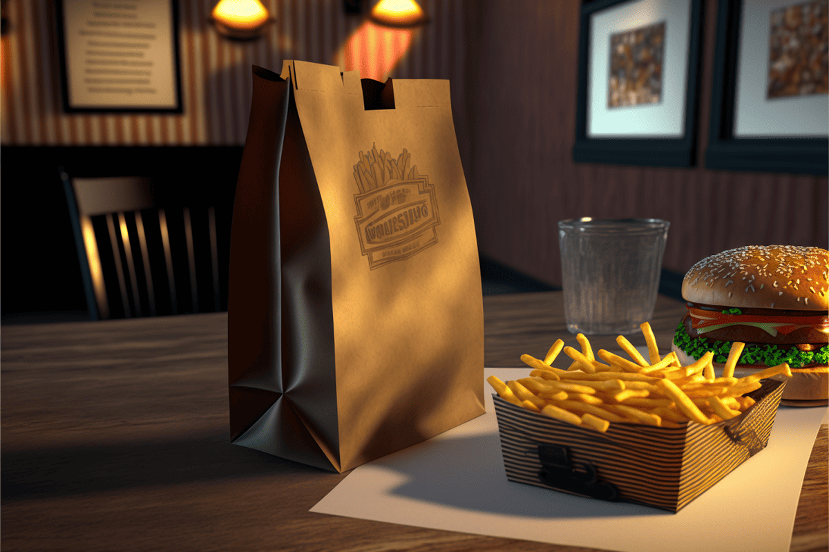 Bag of fast food on a restaurant table