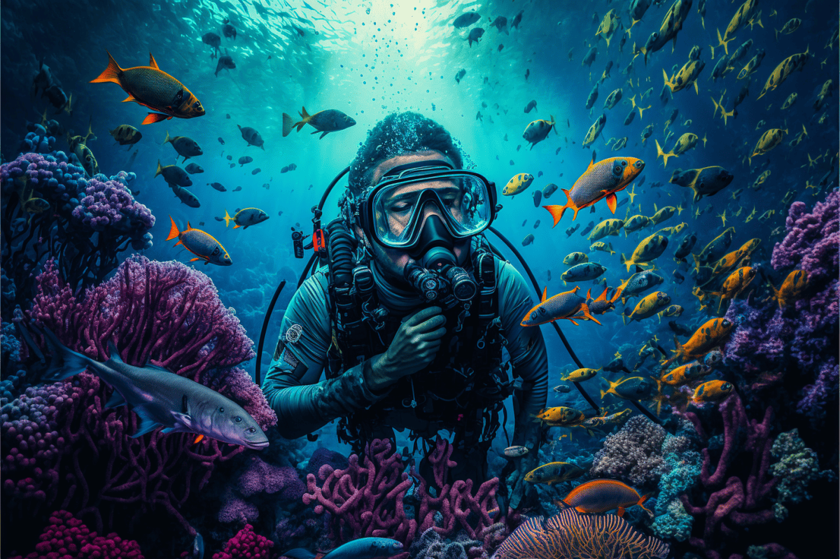 scuba diver on a coral reef