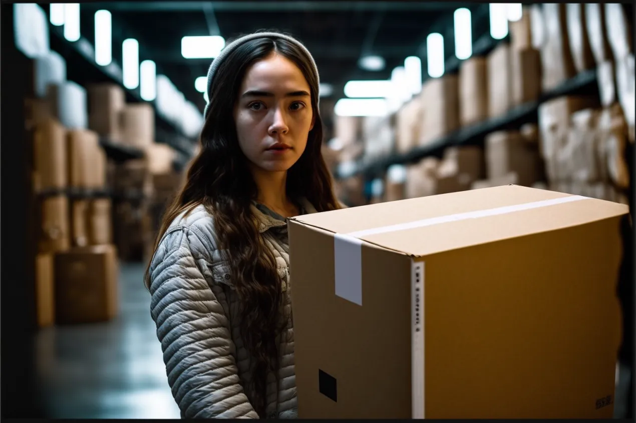 woman in amazon warehouse holding a box