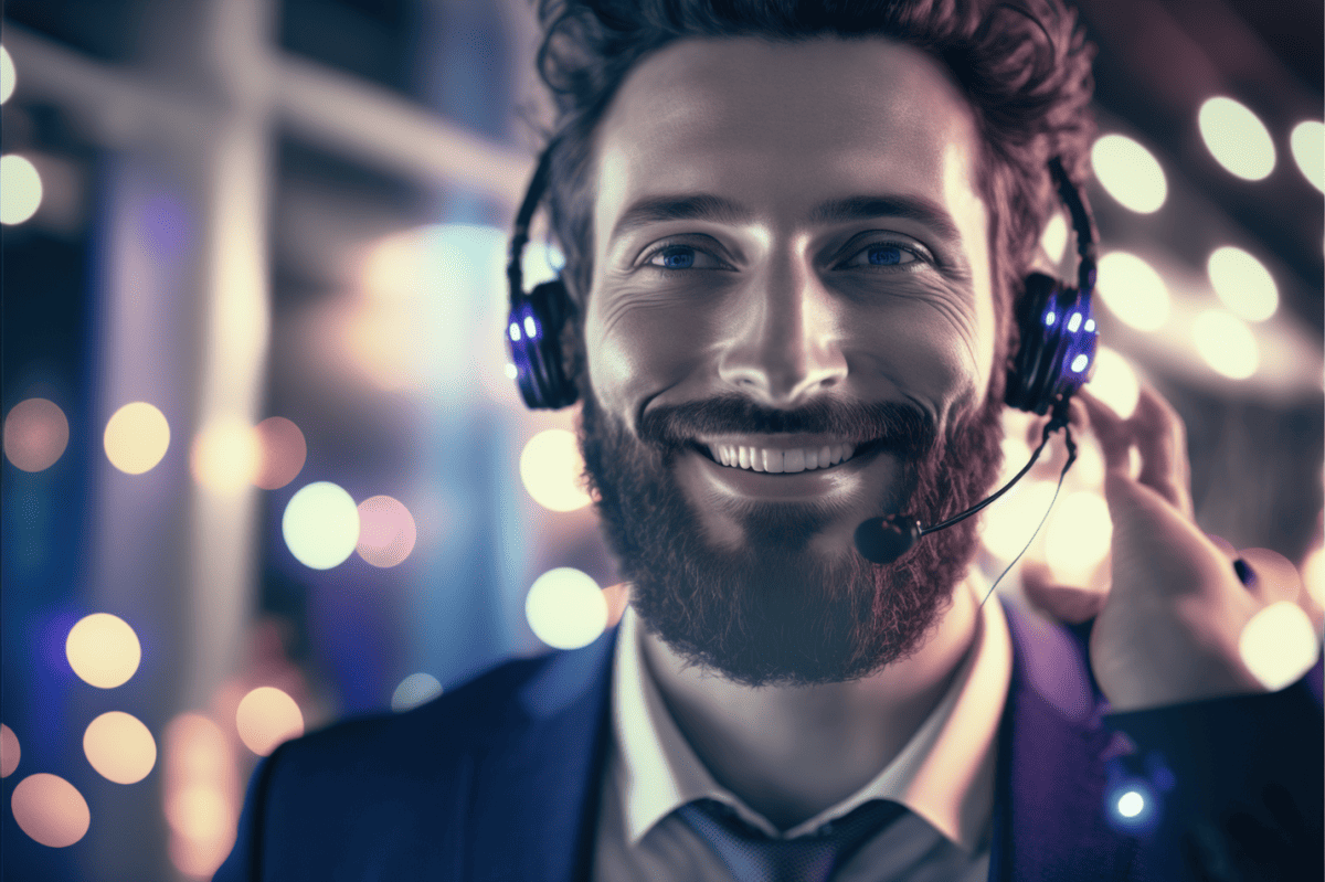 man at a call center talking into a headset