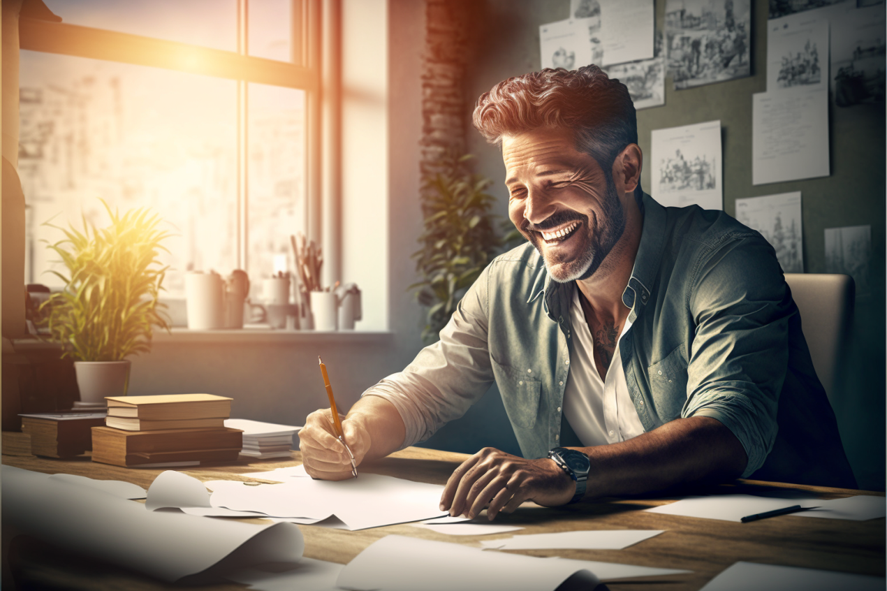 smiling man sitting at a sunny desk