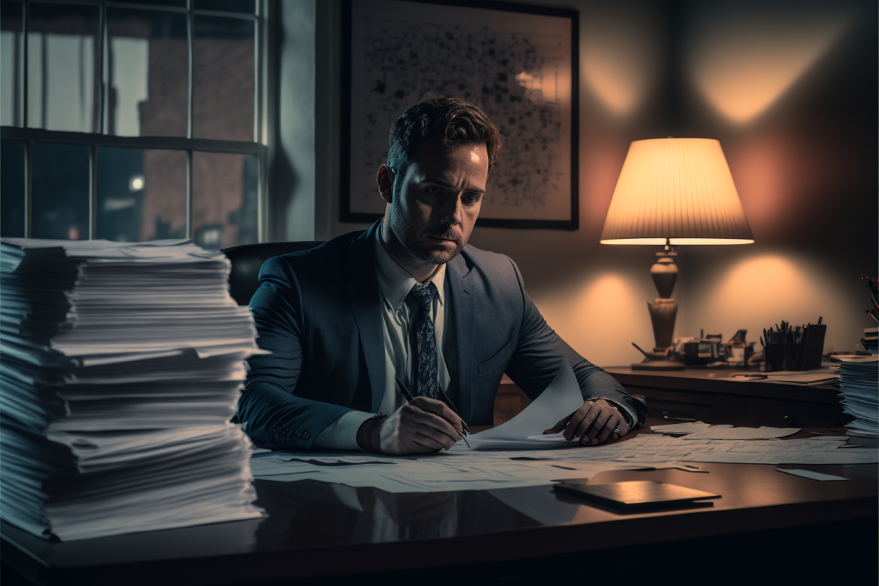 Tax professional at a desk with a stack of papers