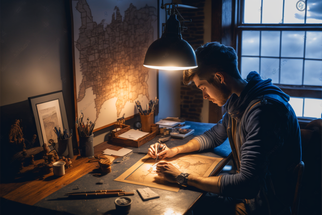 cartographer pouring over maps